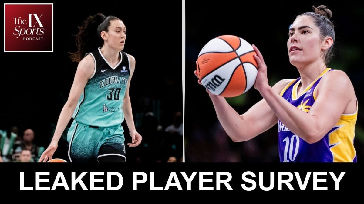 Graphic with two photos side by side. At left, Breanna Stewart (30) dribbles the ball during a game for the New York Liberty. At right, Kelsey Plum lines up a shot during a game for the Los Angeles Sparks. The IX Sports Podcast logo at top left. All-caps, white text on black background at lower center reads "Leaked Player Survey".